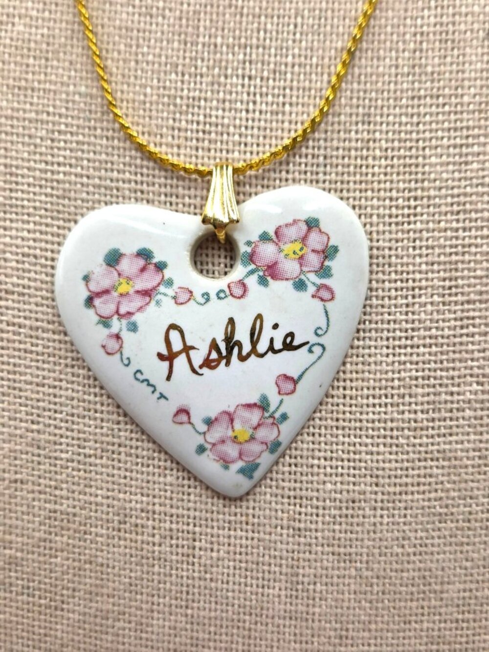 Heart-Shaped Ceramic Pendant Necklace With Gold Chain & Floral Design - Personal